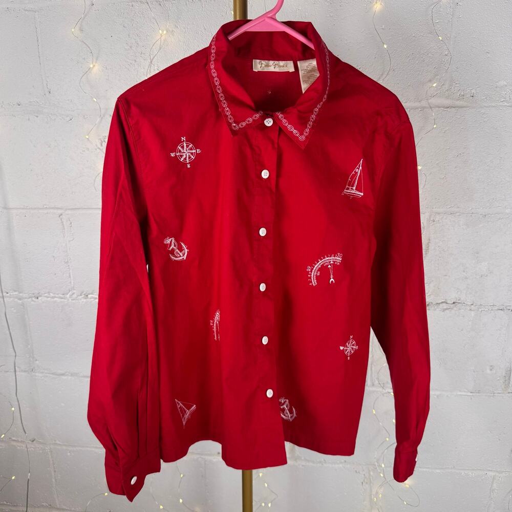 vintage bobbie brooks women’s L red nautical embroidered button down shirt